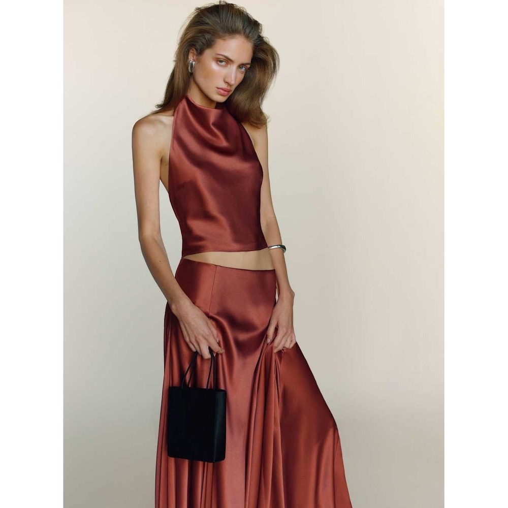 Reformation Satin Copper Halter Crop Top and Skirt Set